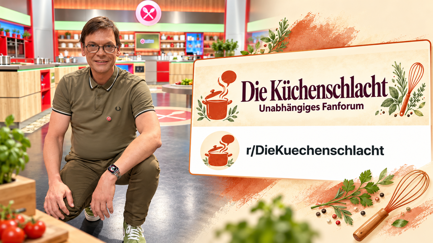 Roland im Küchenschlacht-Studio, neben ihm das Banner des neuen Fanforums